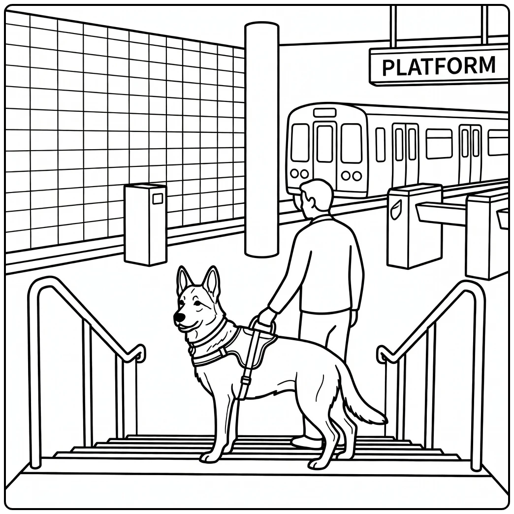 Alert guide dog coloring page leading handler in subway station.