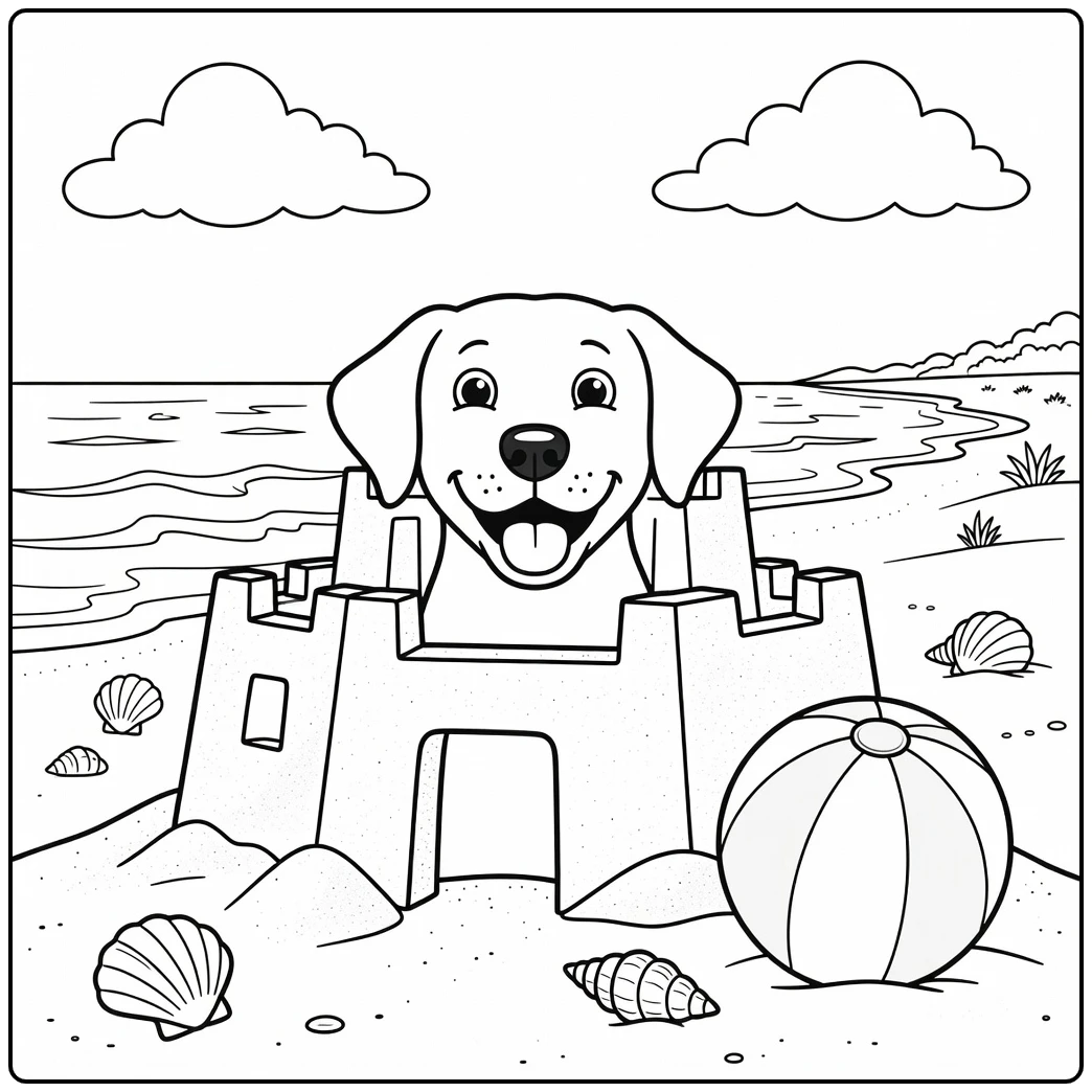 A cute Labrador dog face coloring page inside a sandcastle.