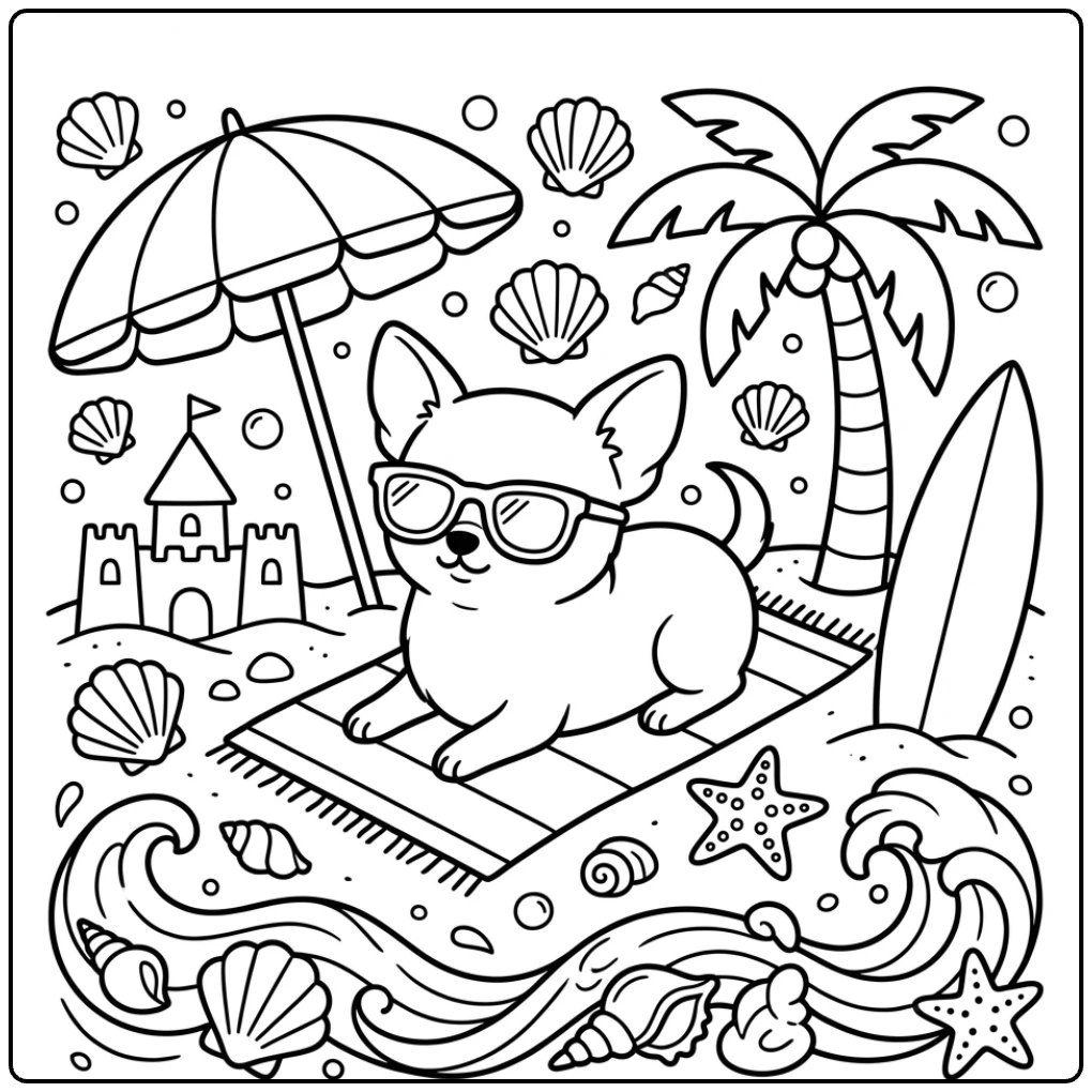 Cute Chihuahua coloring page with sunglasses on the beach
