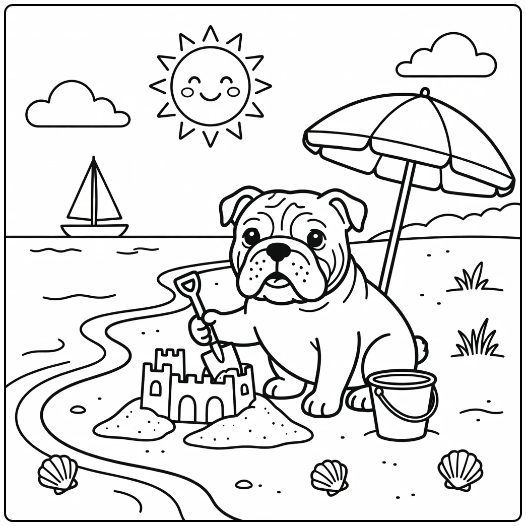 A happy pup on an english bulldog coloring page at the beach.