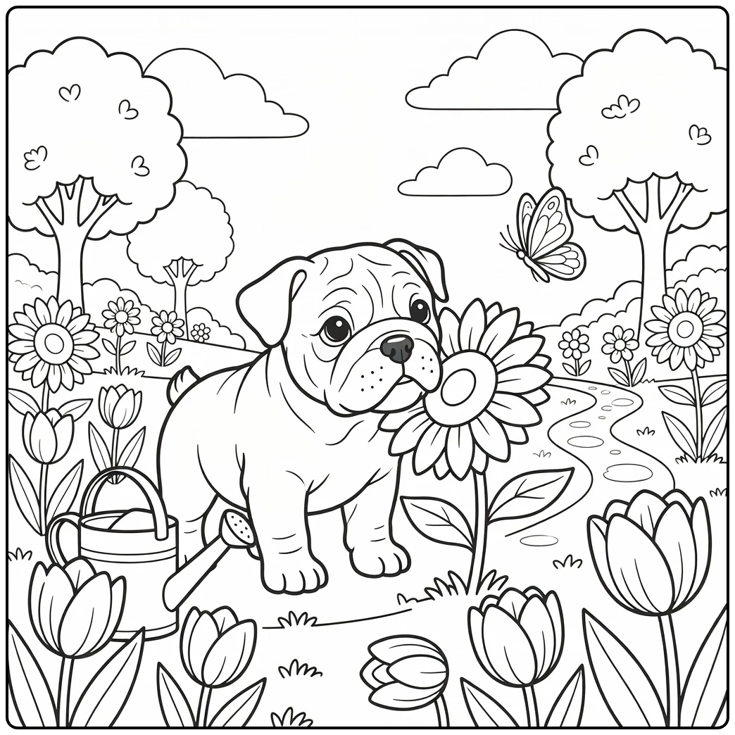 A cute puppy in a garden on an english bulldog coloring page.