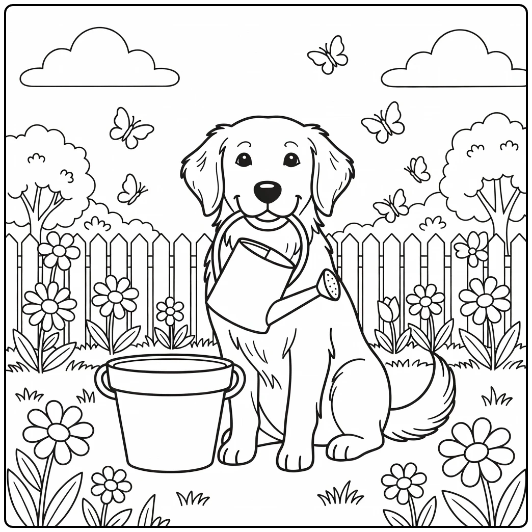 A helpful Golden Retriever on a cute dog coloring page.
