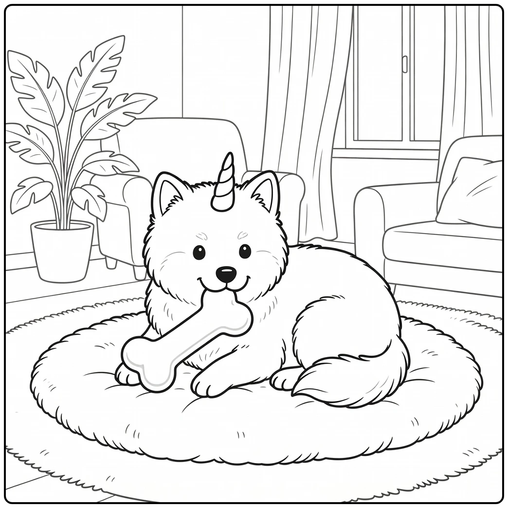 A cute unicorn dog coloring page with a dog on a cozy rug.