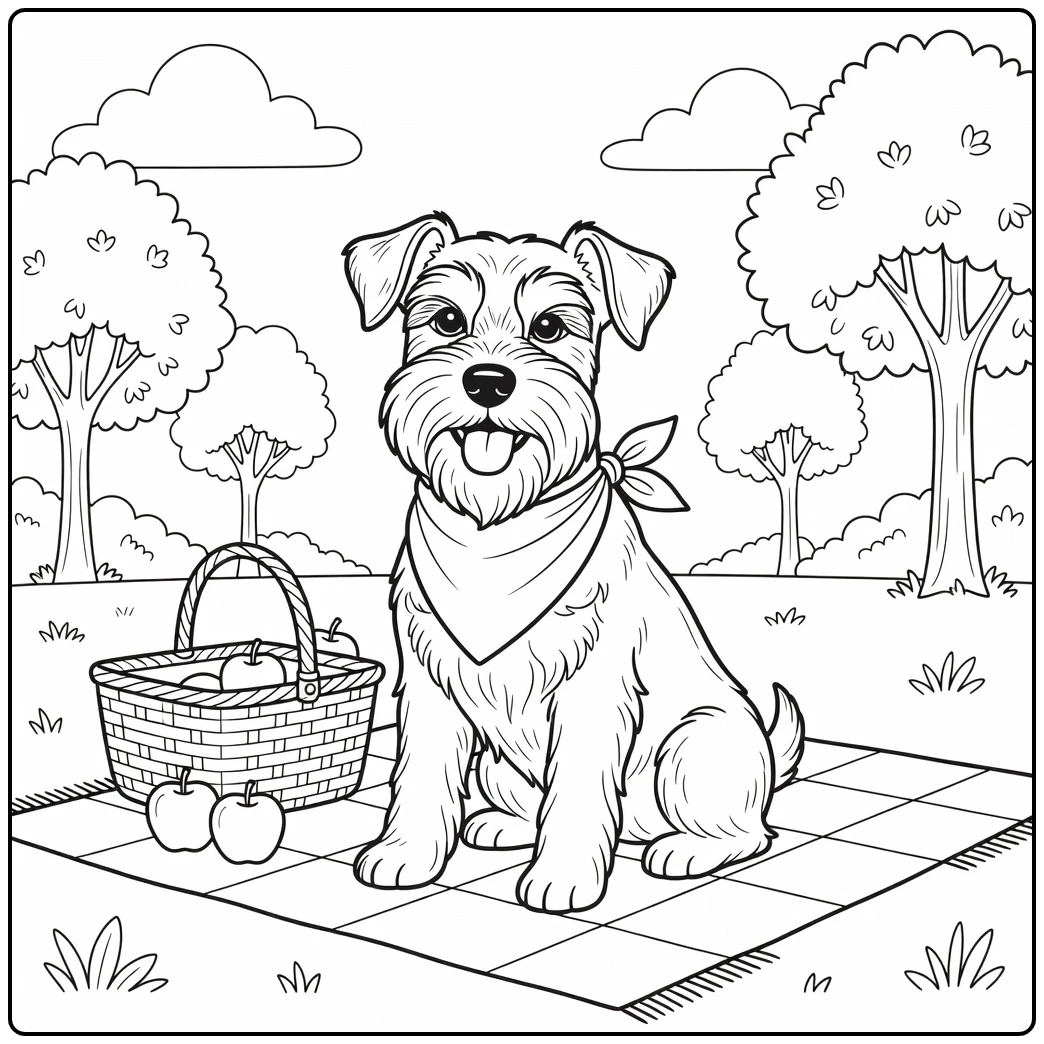 A happy miniature schnauzer coloring page on a picnic blanket.