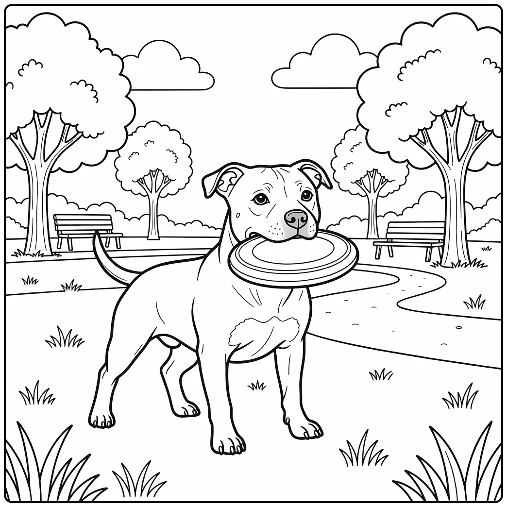 Playful staffordshire bull terrier coloring page with frisbee in park.