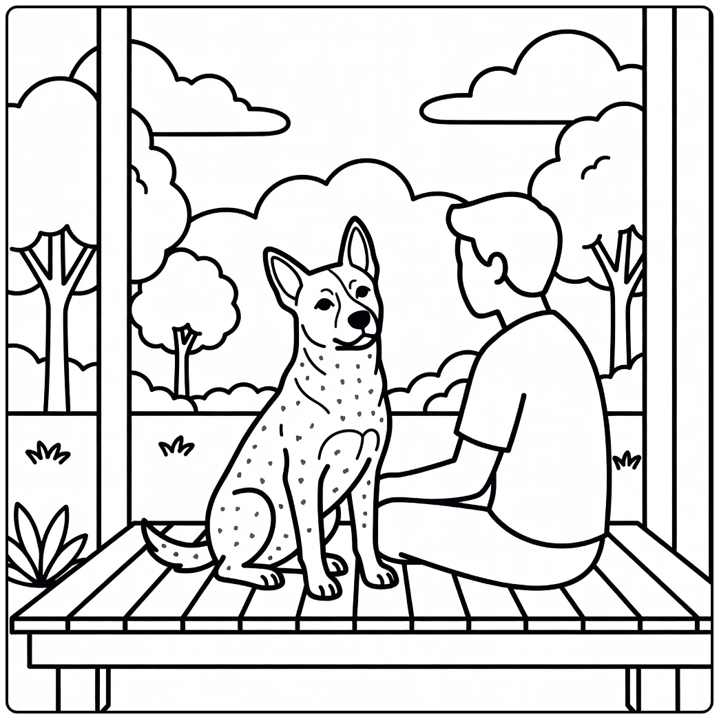 An attentive australian cattle dog coloring page on a porch.