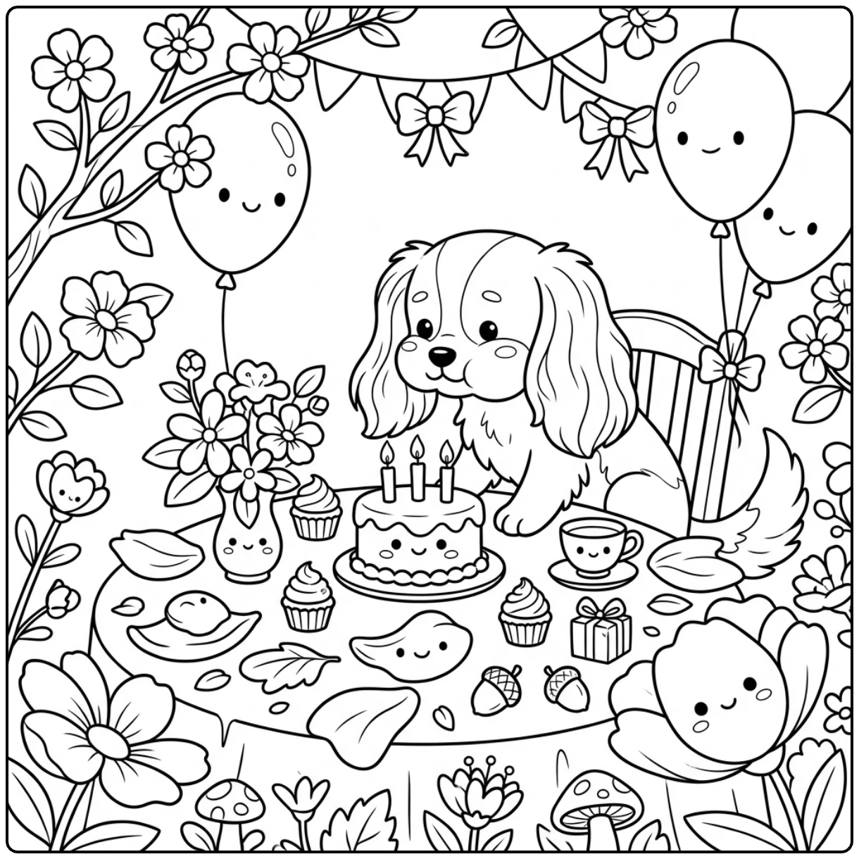 Cute Cavalier King Charles Spaniel birthday coloring page.