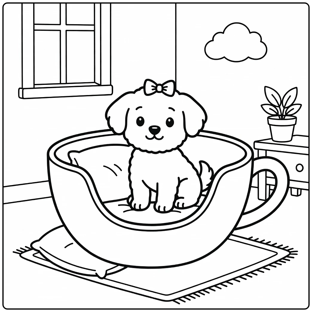Adorable cute little dog coloring page in a cozy teacup bed.