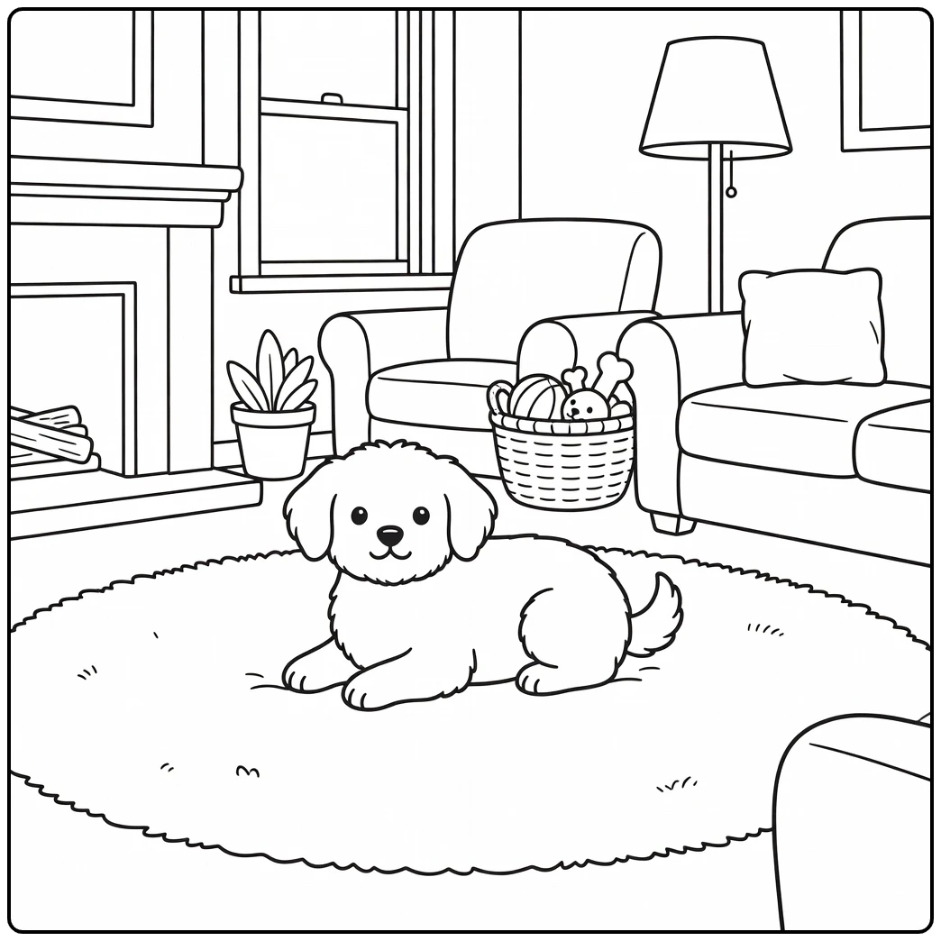 Cozy small dog coloring page by fireplace, rug, and toys.