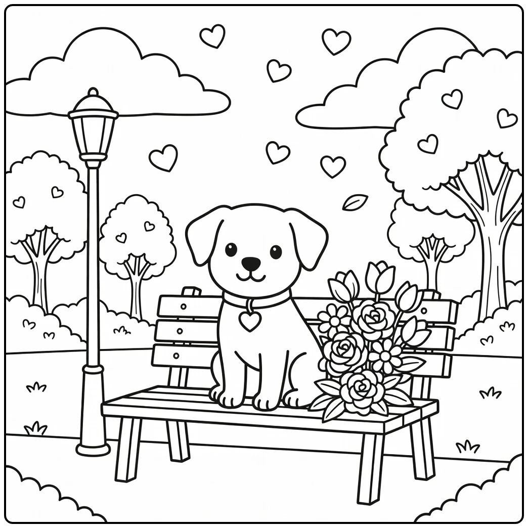 A cute valentine dog coloring page with a pup on a park bench.