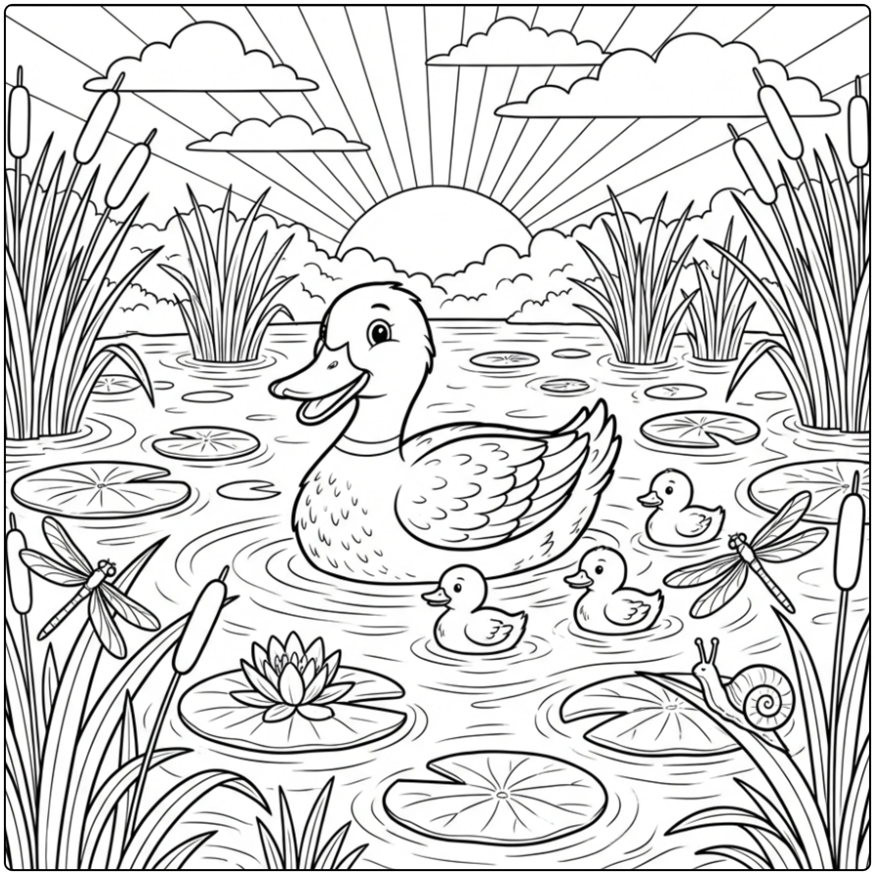 Cute duck swimming in a pond Animal coloring page.