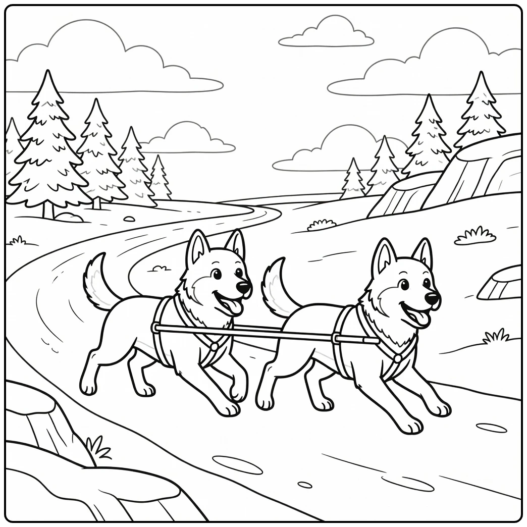 Two happy cartoon dogs run on a sled dog coloring page.