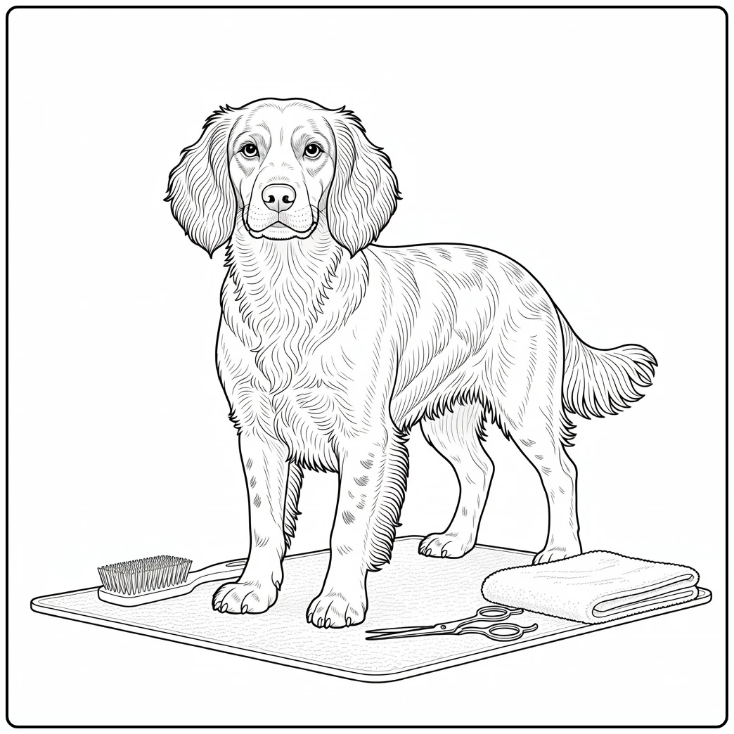 Calm Brittany spaniel coloring page during a grooming session.