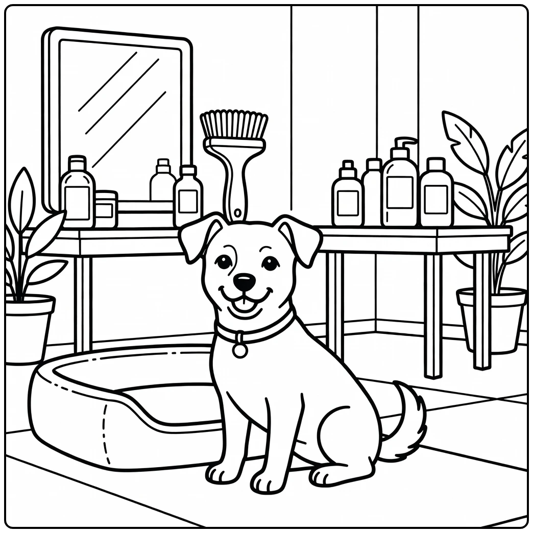 Friendly small dog coloring page waiting patiently in a salon.