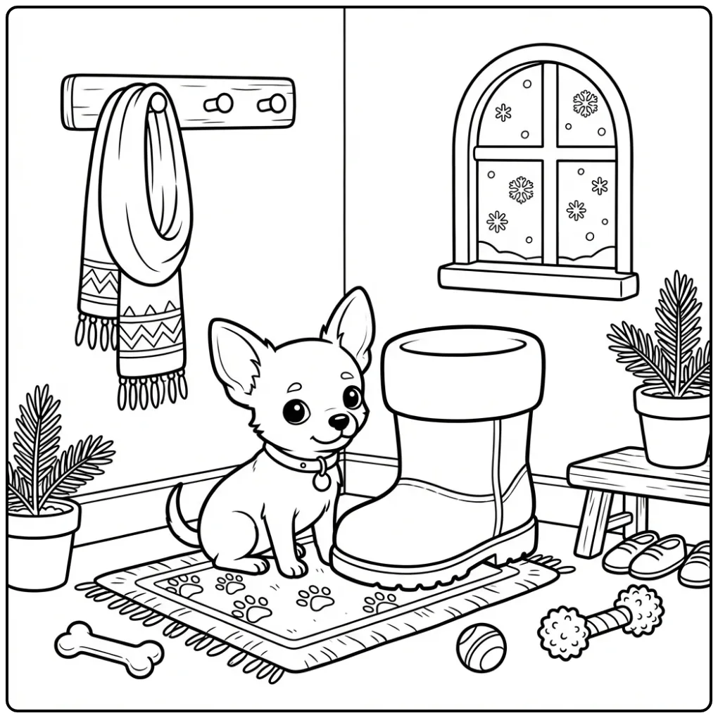 Winter Chihuahua puppy near boot Dog coloring page.