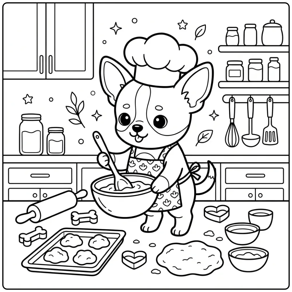 Cute chihuahua chef baking cookies Dog coloring page for kids.