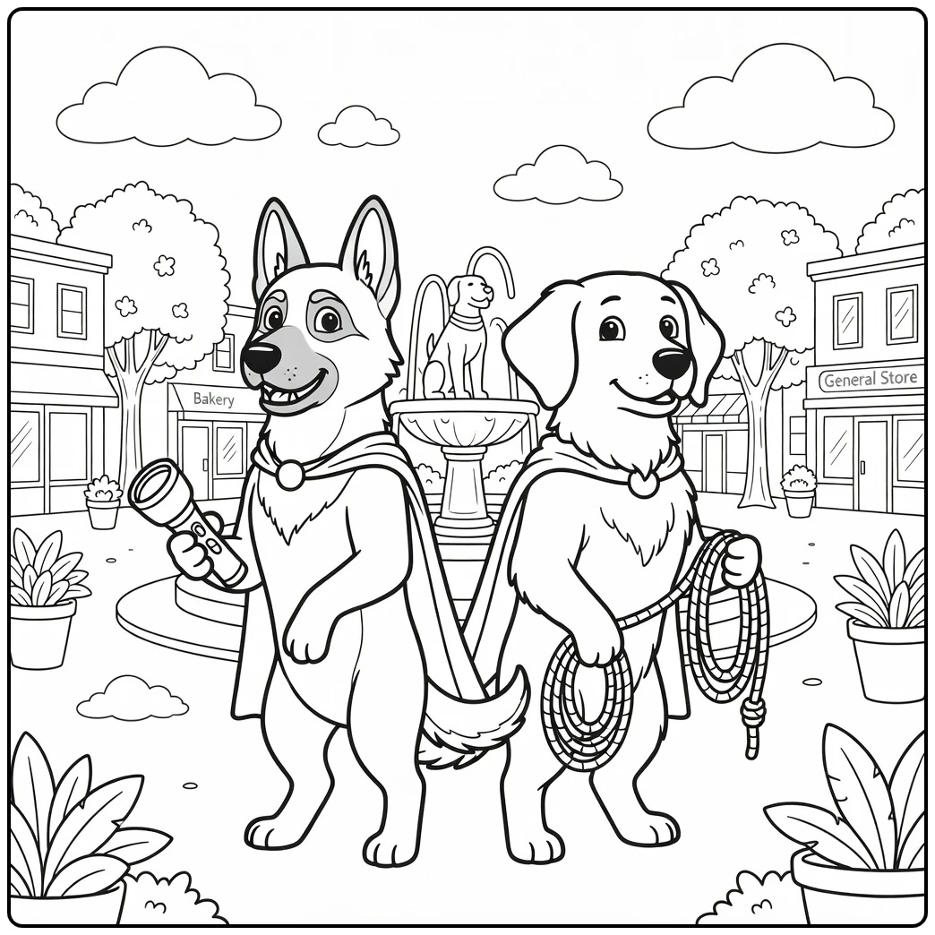 Two heroic dogs with gadgets on a super dog coloring page.