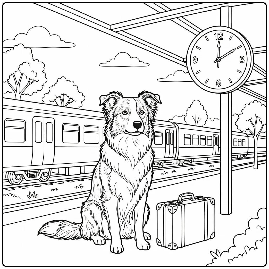 Loyal border collie coloring page awaits train with suitcase.