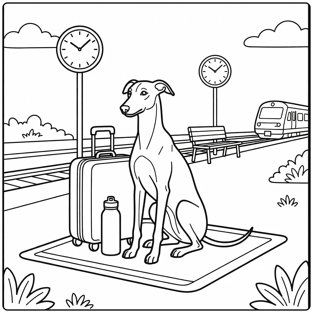 Calm greyhound coloring page at a train station platform.