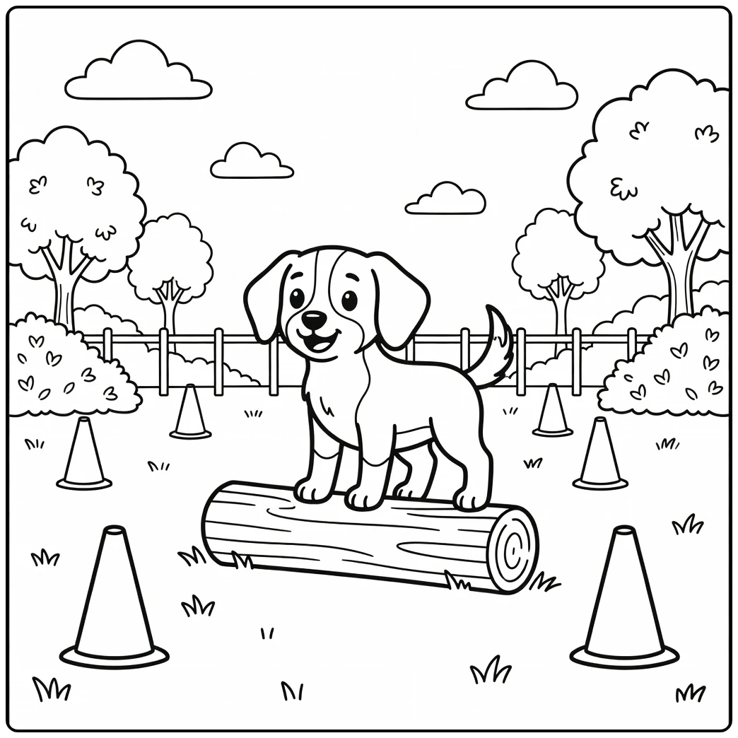 A cute puppy balancing on a log for an easy dog coloring page.
