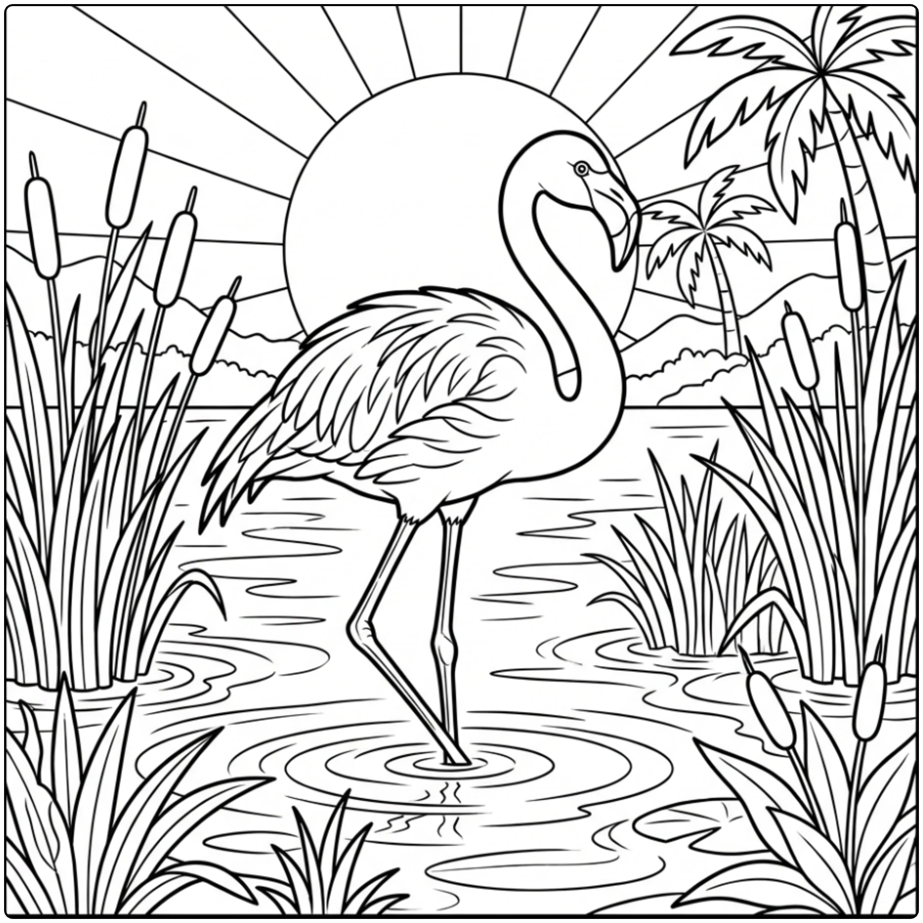 Printable Animal coloring page of a flamingo in sunny reeds