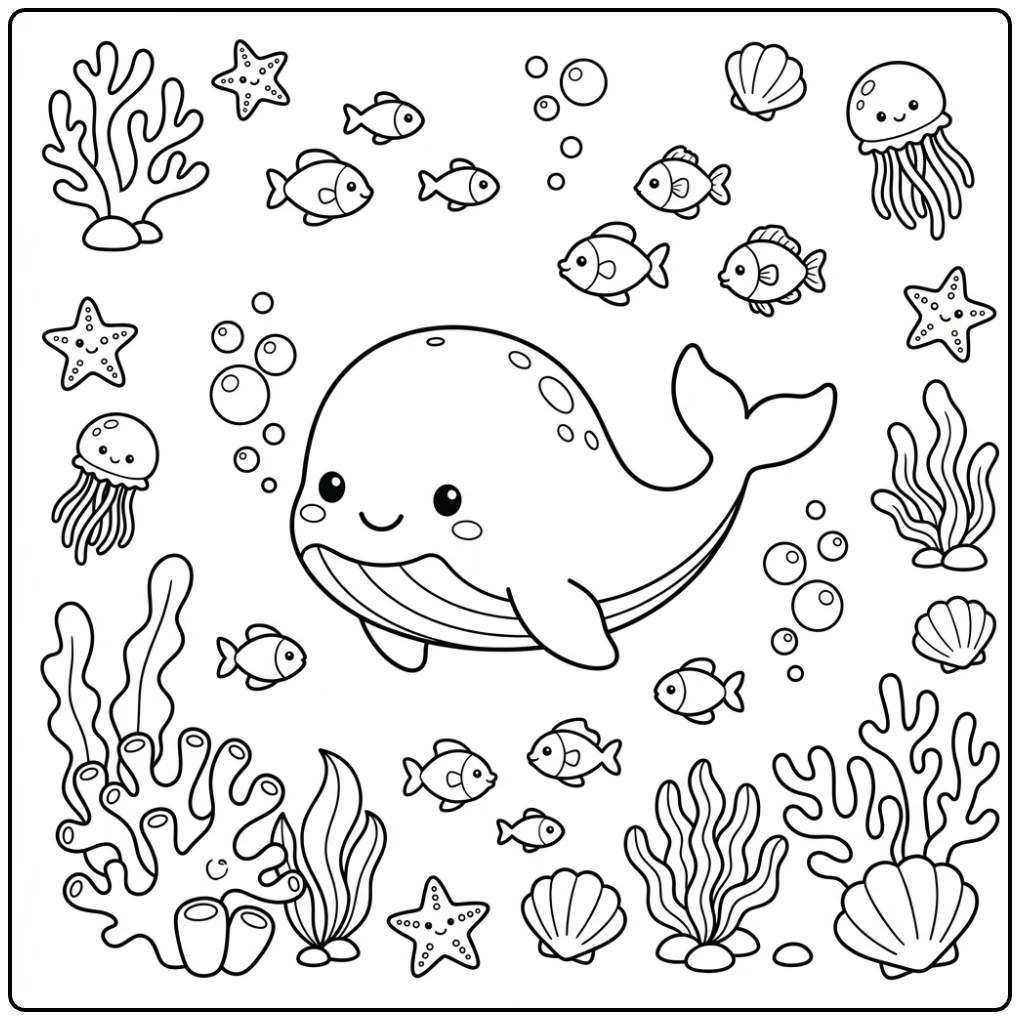 Friendly whale Ocean Animals coloring page, with fish and bubbles