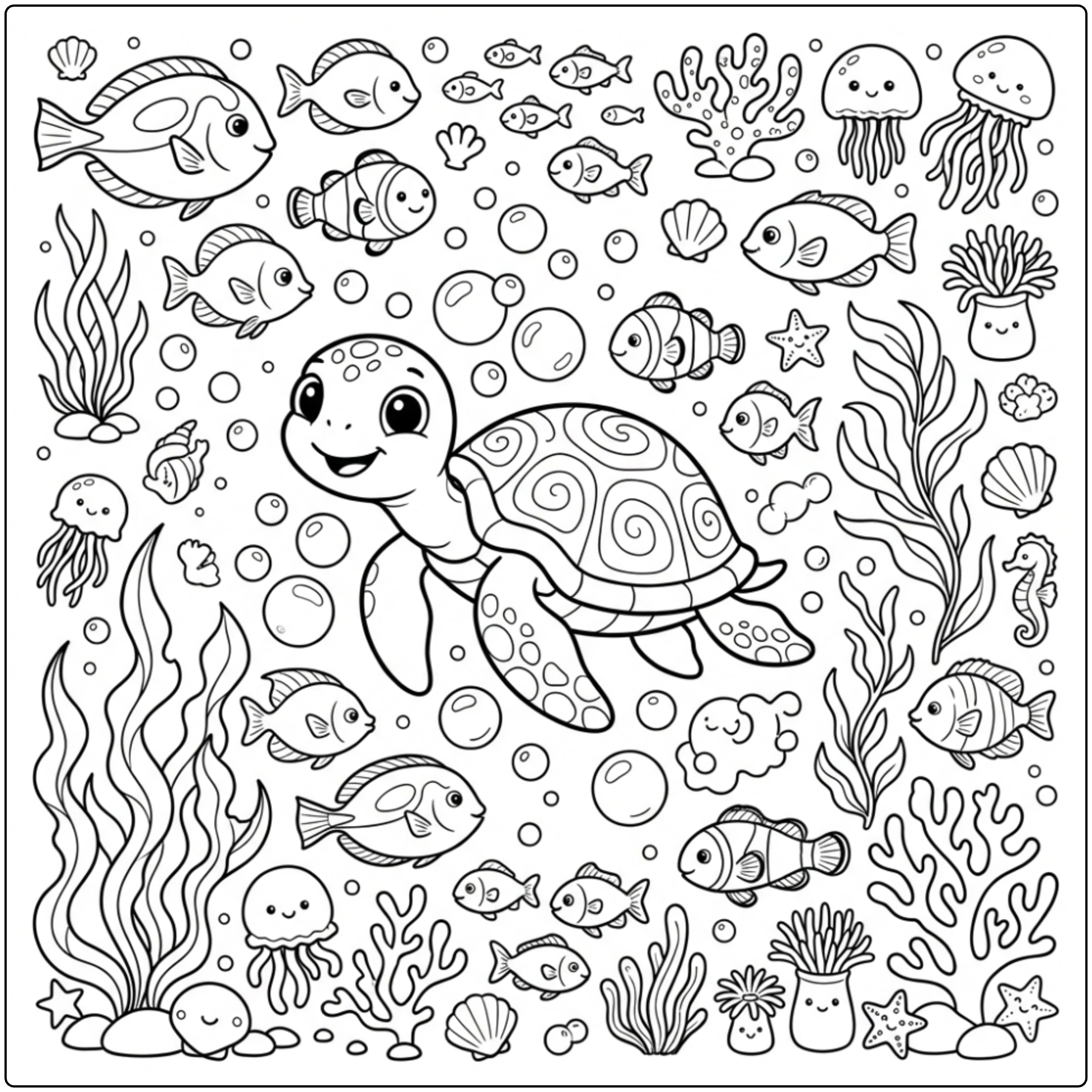 Happy sea turtle swimming with fish and seaweed - Ocean Animals coloring page