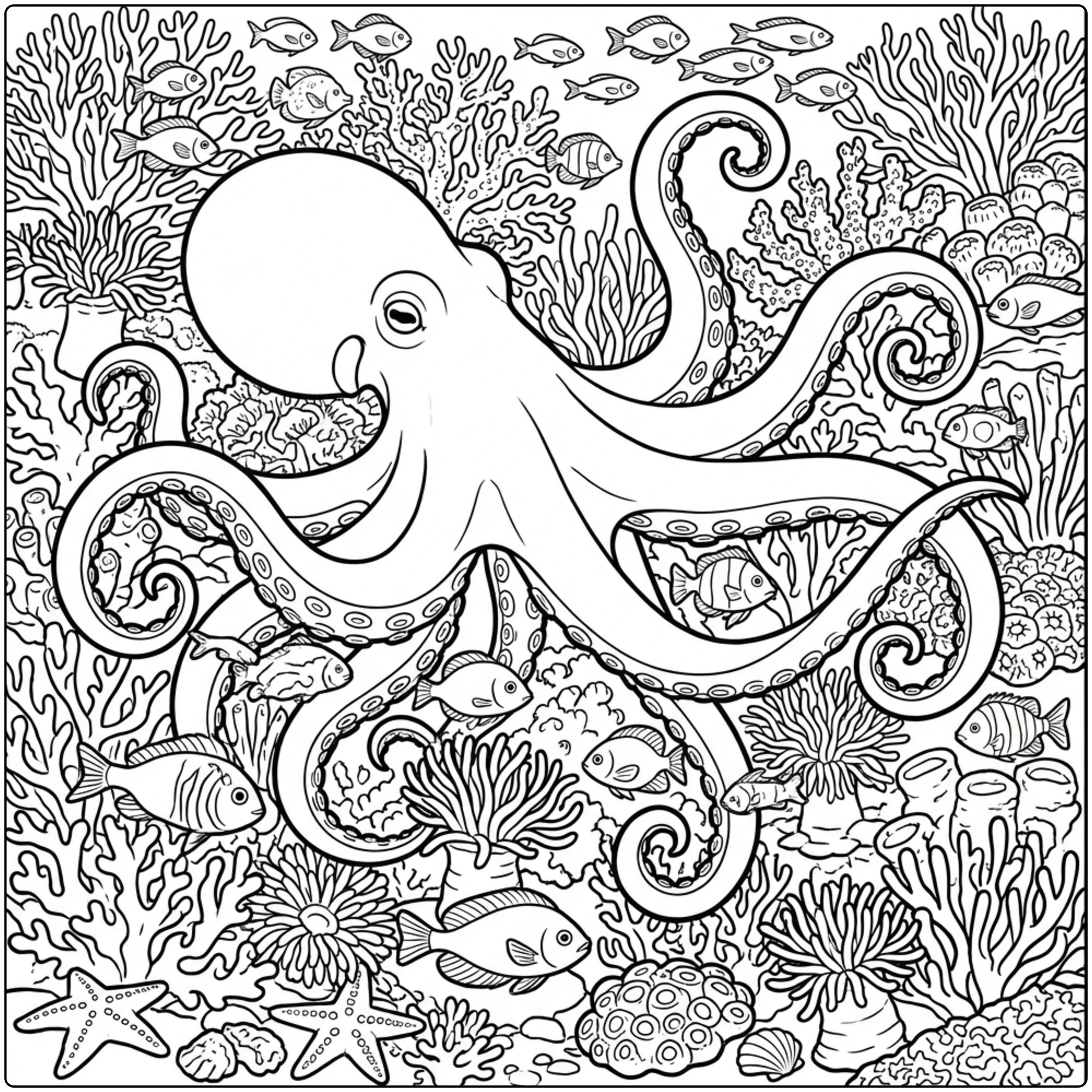 Octopus underwater scene on an Animal coloring page for kids