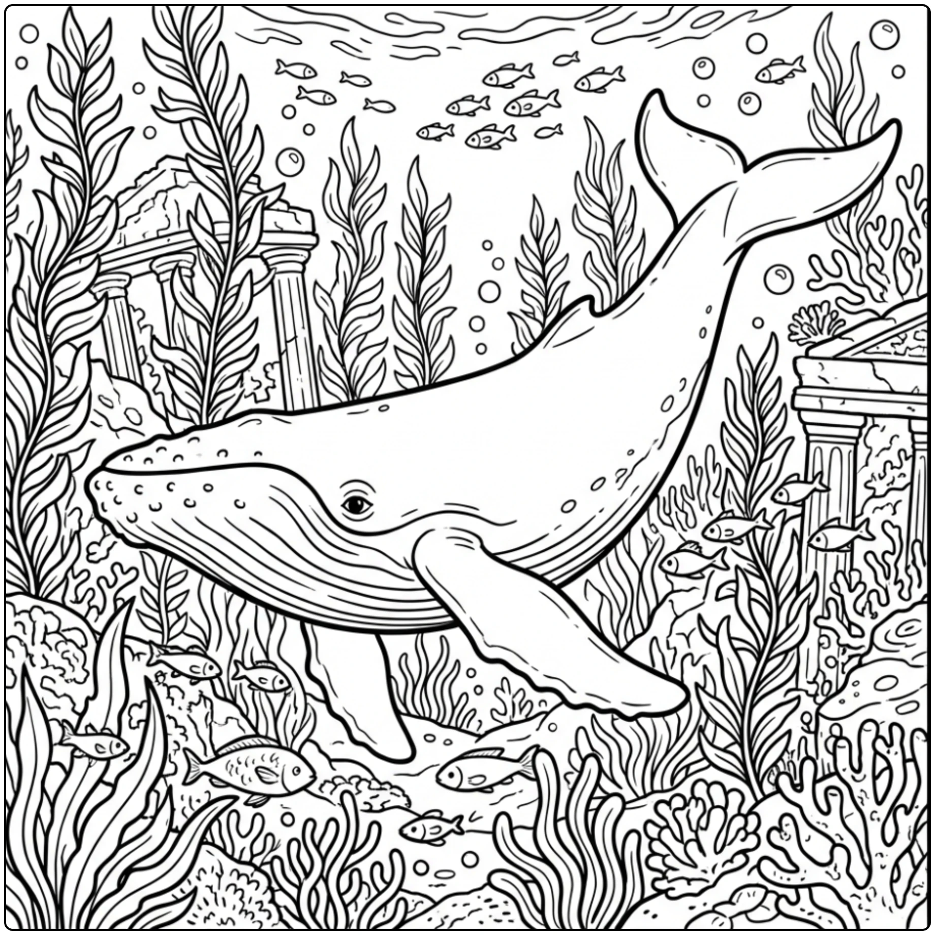 Animal coloring page of a whale swimming with fish and seaweed.