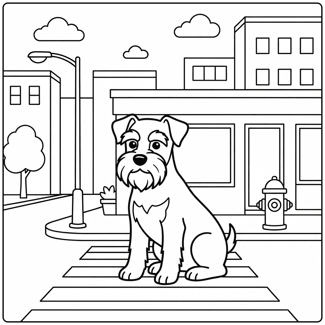 Curious schnauzer coloring page patiently waits at a city crosswalk.