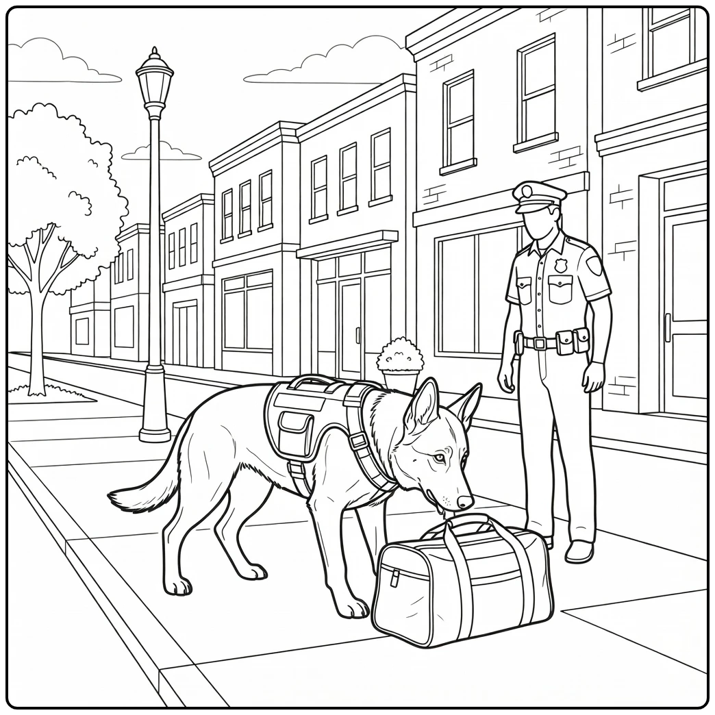 A police dog coloring page featuring a K9 sniffing a duffel bag on patrol.