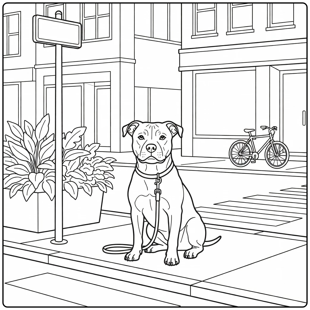 Staffordshire bull terrier coloring page: dog patiently sits at crosswalk.