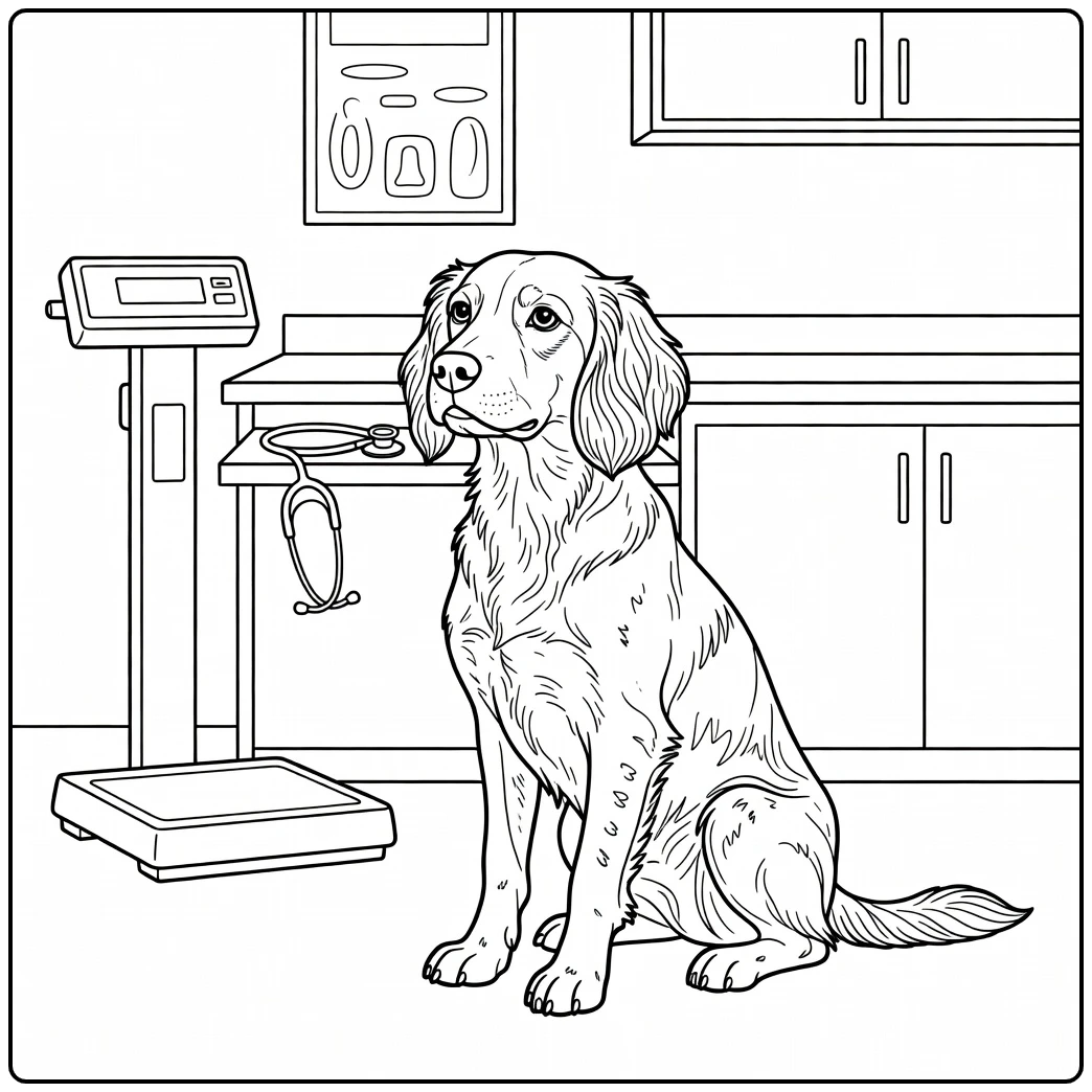 Patient brittany spaniel coloring page in a vet clinic exam room.