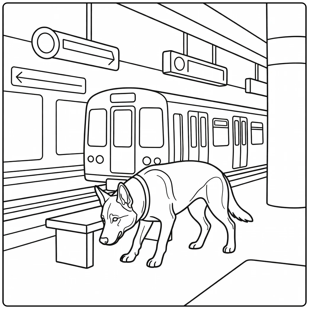 Subway police dog coloring page, sniffing platform near train.