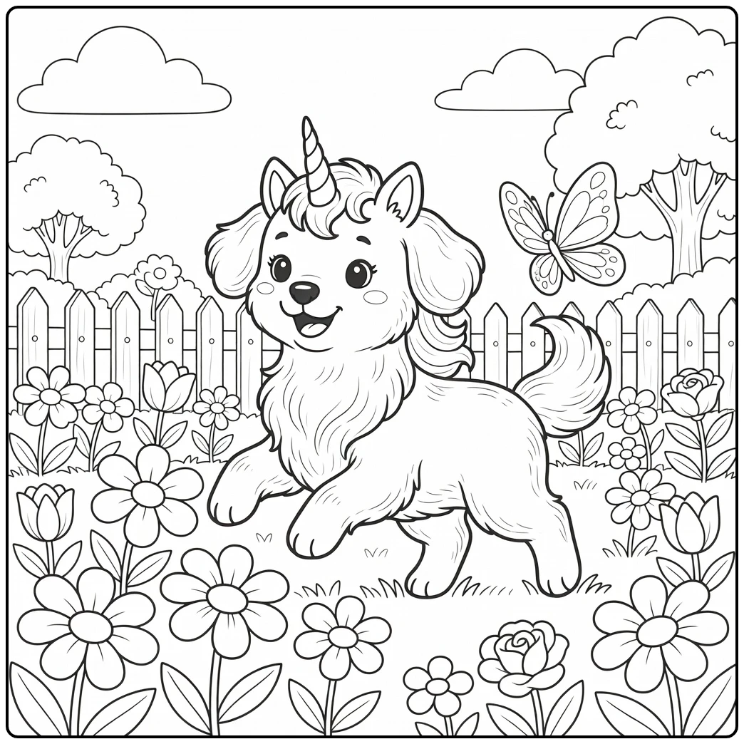 A playful cute unicorn dog coloring page in a flower garden.