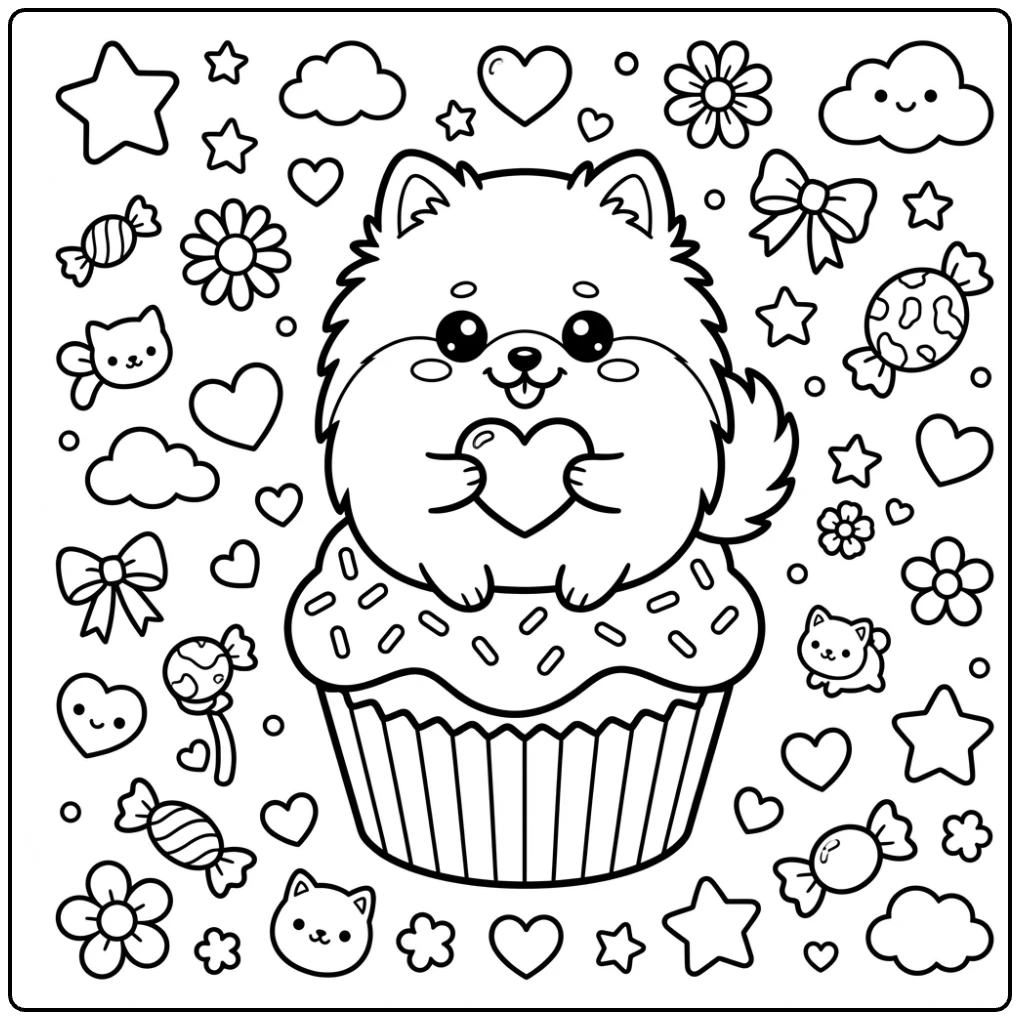 Kawaii Pomeranian coloring page sitting on a cupcake.