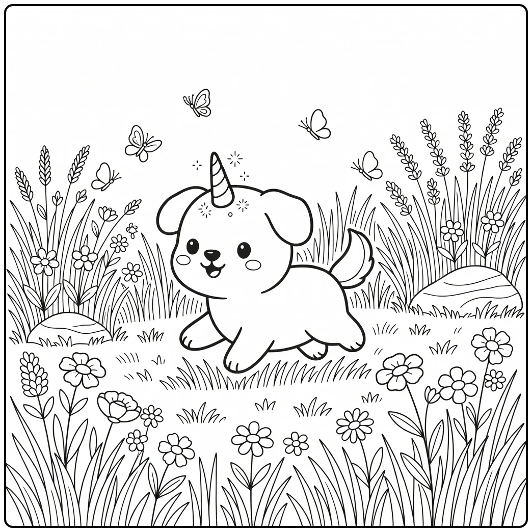 A cute unicorn dog coloring page chasing butterflies in a meadow.