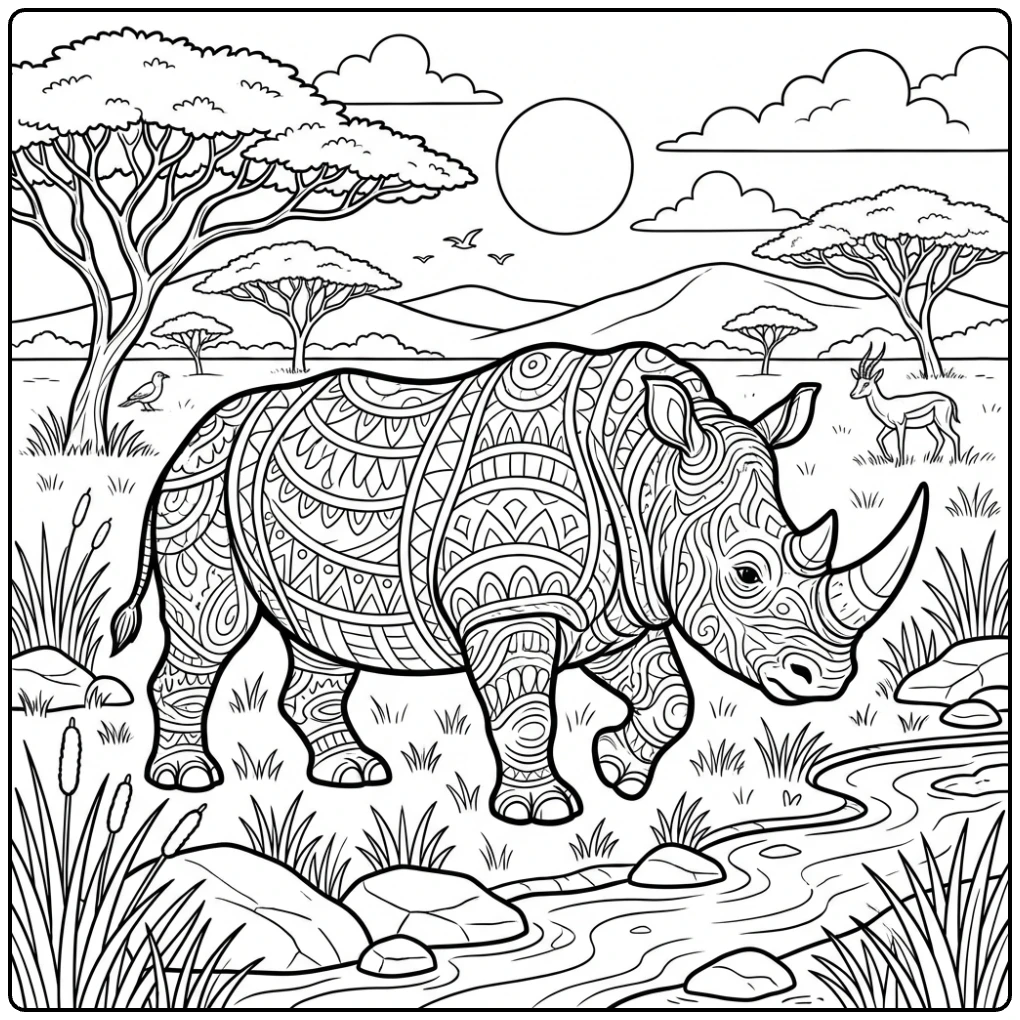 Animal coloring page showing a rhinoceros in a grassy field.