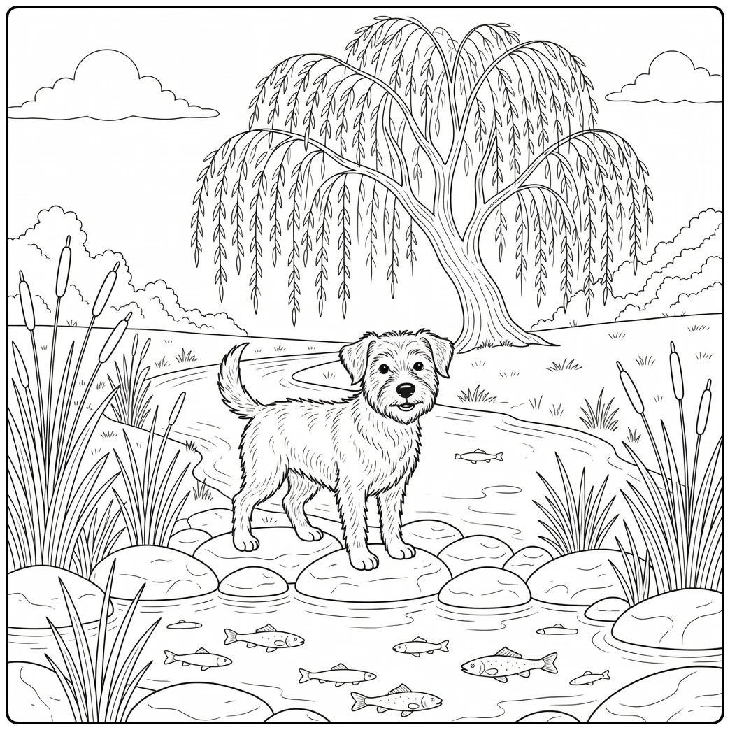 A happy puppy on an easy dog coloring page in a creek.