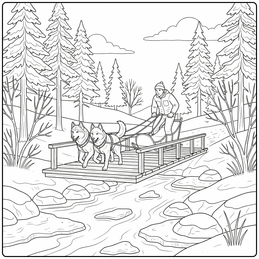 Huskies pull a realistic dog sled coloring page over a bridge.