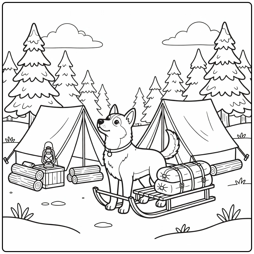 An alert husky beside a sled on a sled dog coloring page.