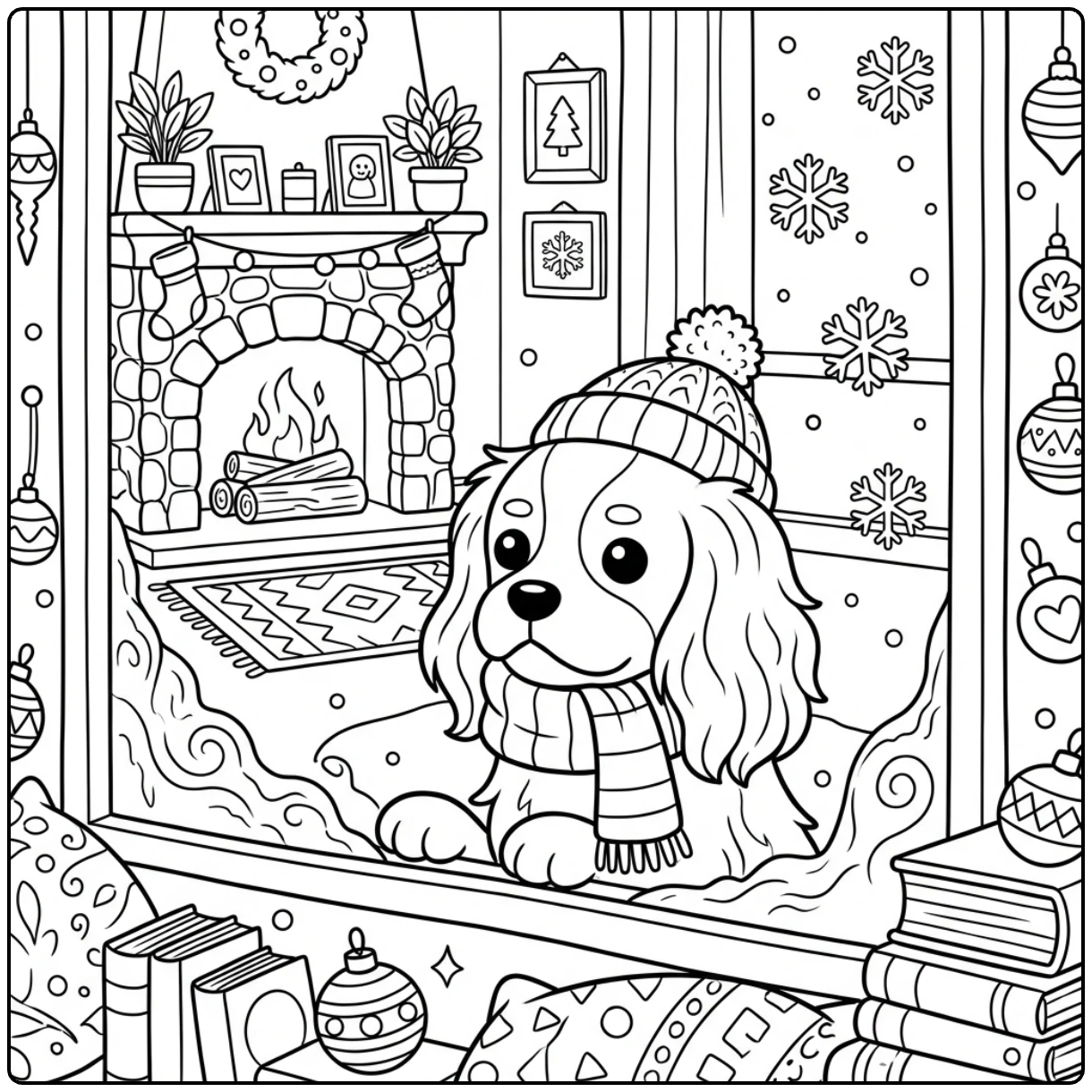 Cozy Cavalier King Charles Spaniel coloring page by window.