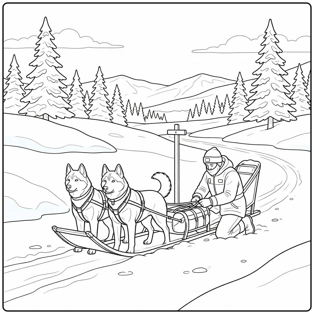 A musher and huskies in a realistic dog sled coloring page.
