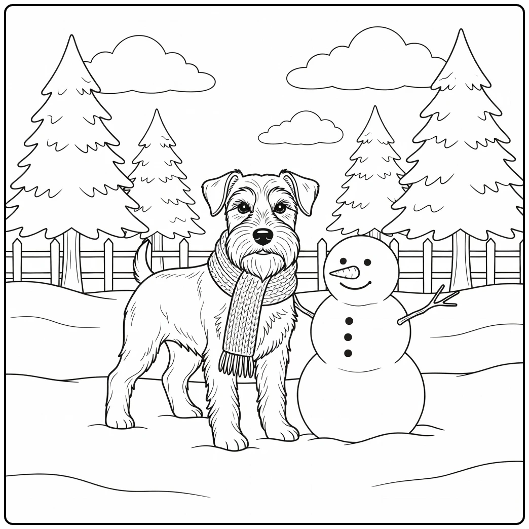 A charming schnauzer coloring page with a dog and snowman.