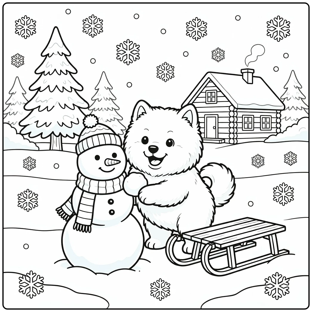 A Samoyed puppy on a cute dog coloring page builds a snowman.