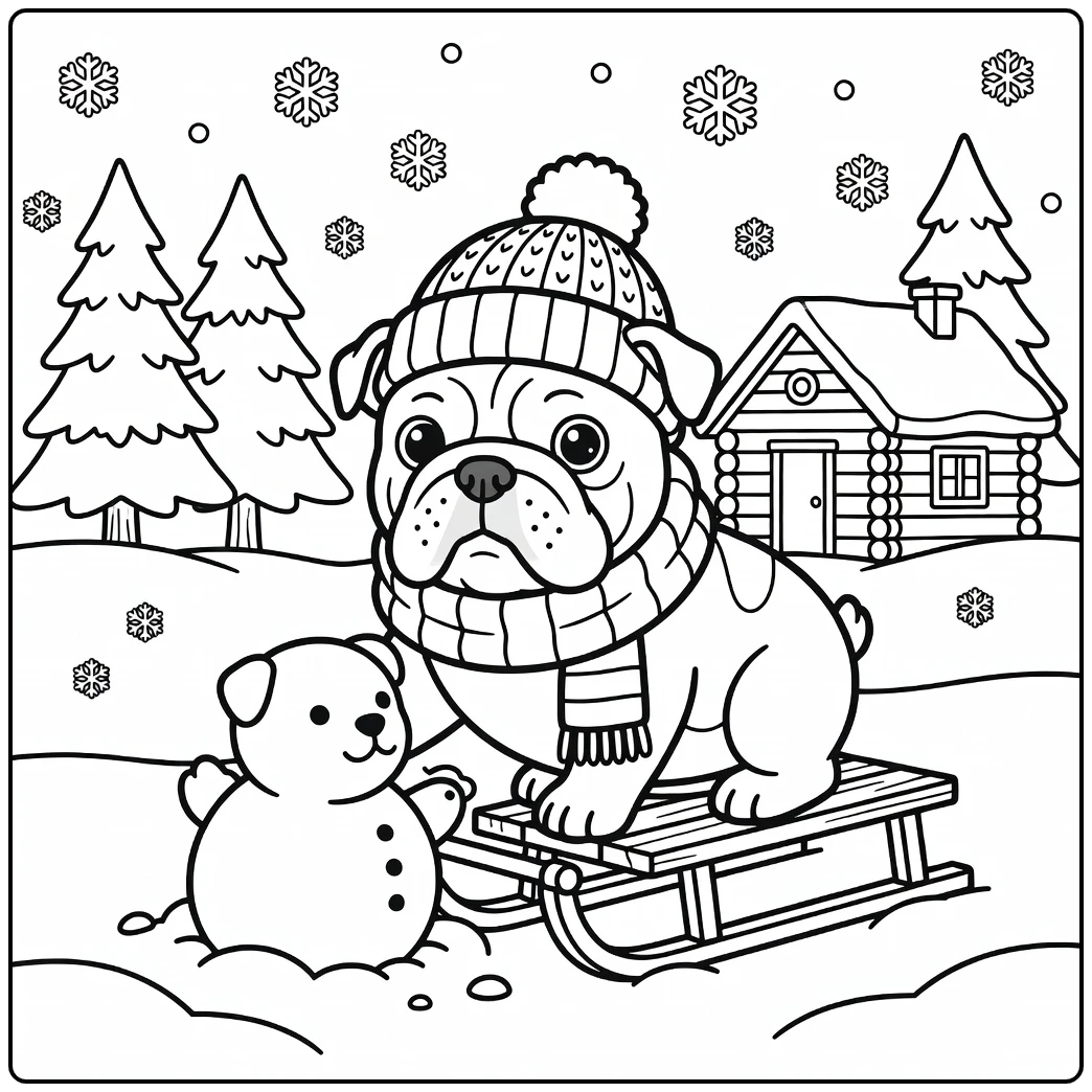 A cute english bulldog coloring page of a dog building a snowdog.