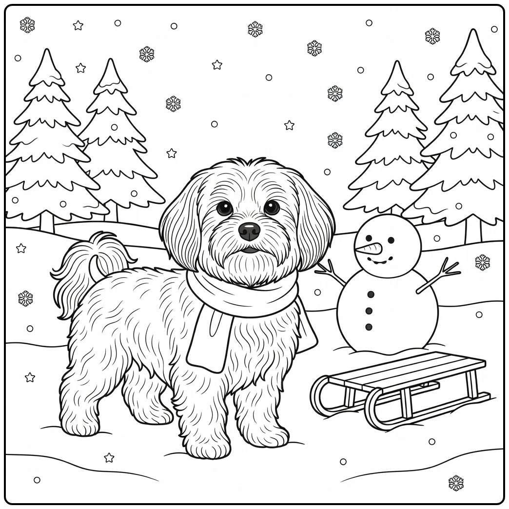 Fluffy havanese coloring page in snowy park with snowman and sled.