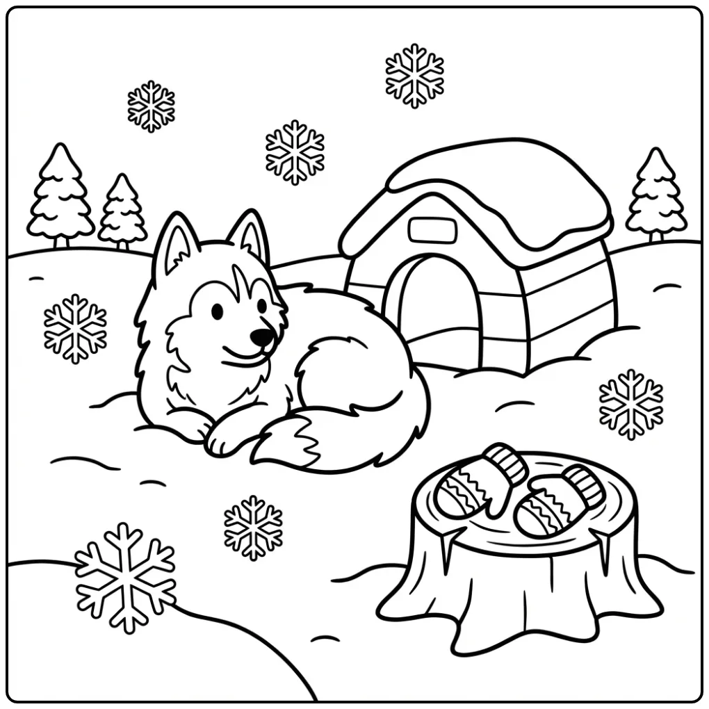 Fluffy husky by igloo Dog coloring page.