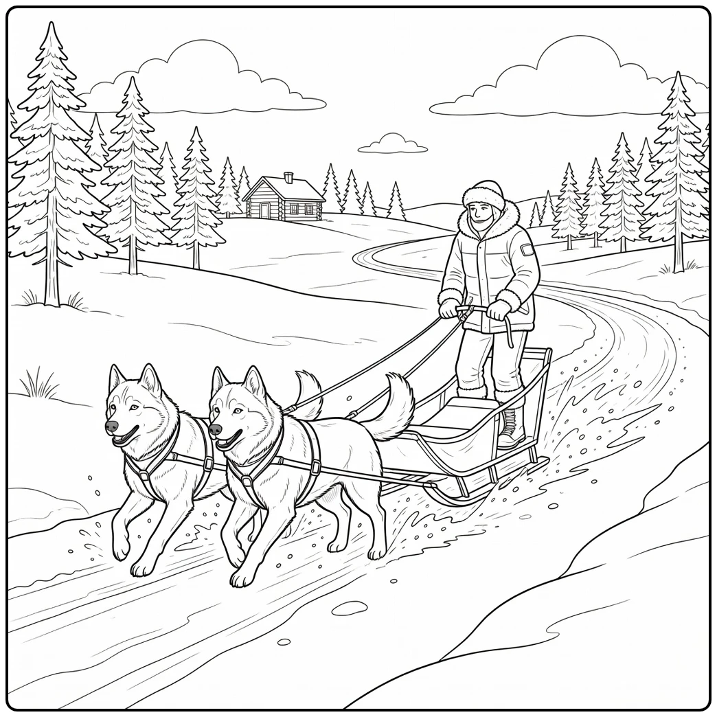 A musher and two huskies on a realistic dog sled coloring page.