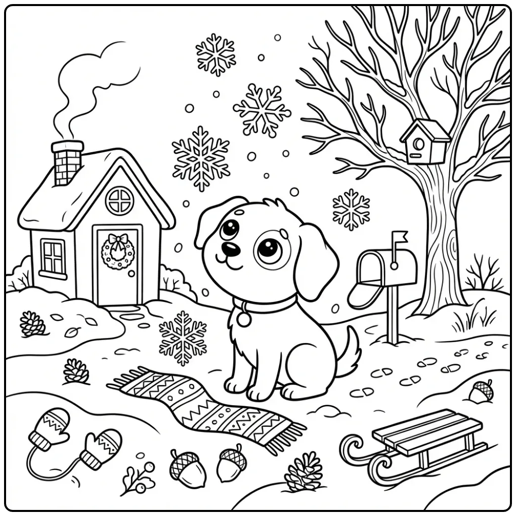 Cute Dog coloring page watching snow fall on a scarf.